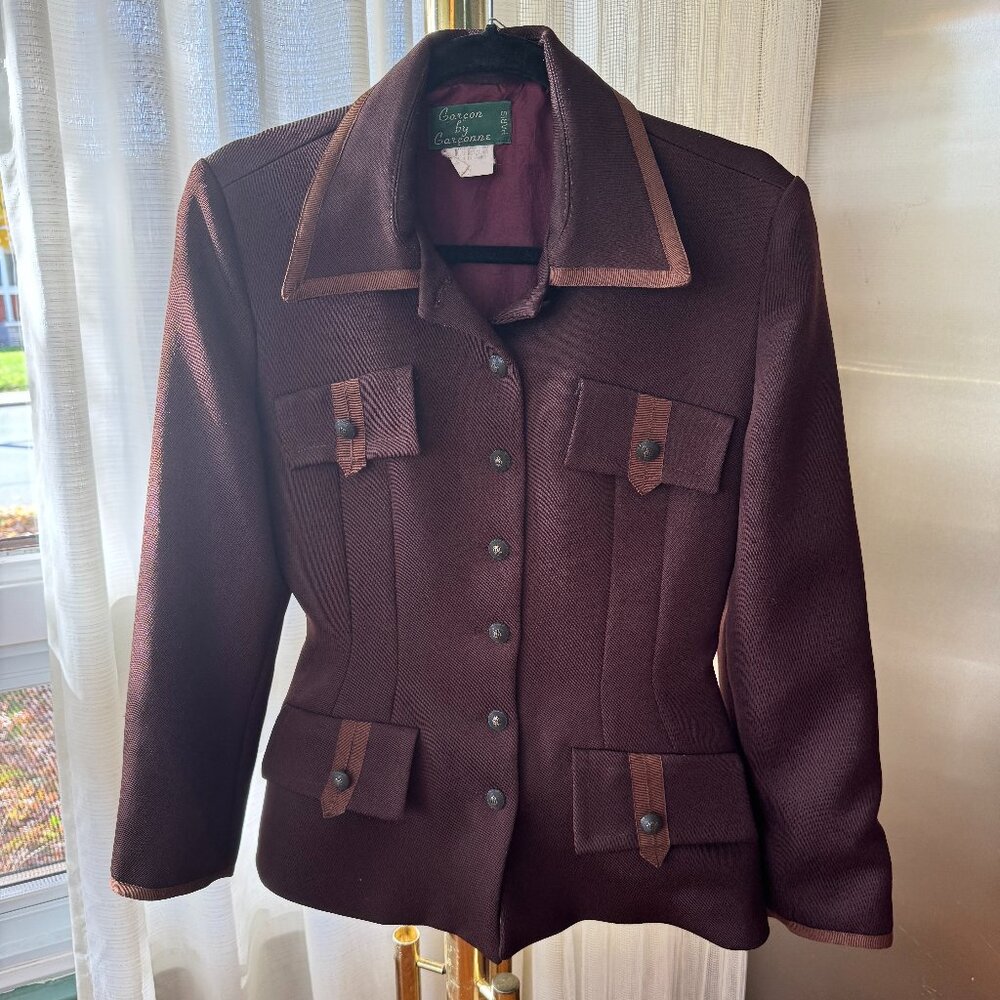 Vintage 1970s jacket, chocolate brown, tan details blazer, faux pockets, 4 (S)